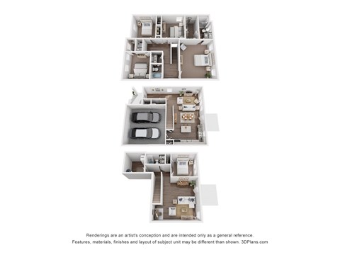 a stylized floor plan of a 3 bedroom apartment
